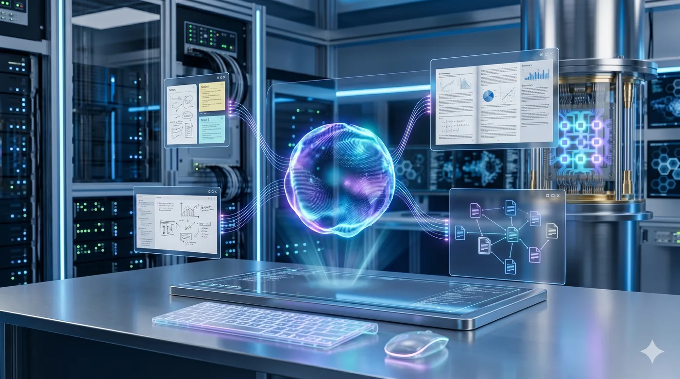 Digital illustration of AI tools for research, notes, and writing