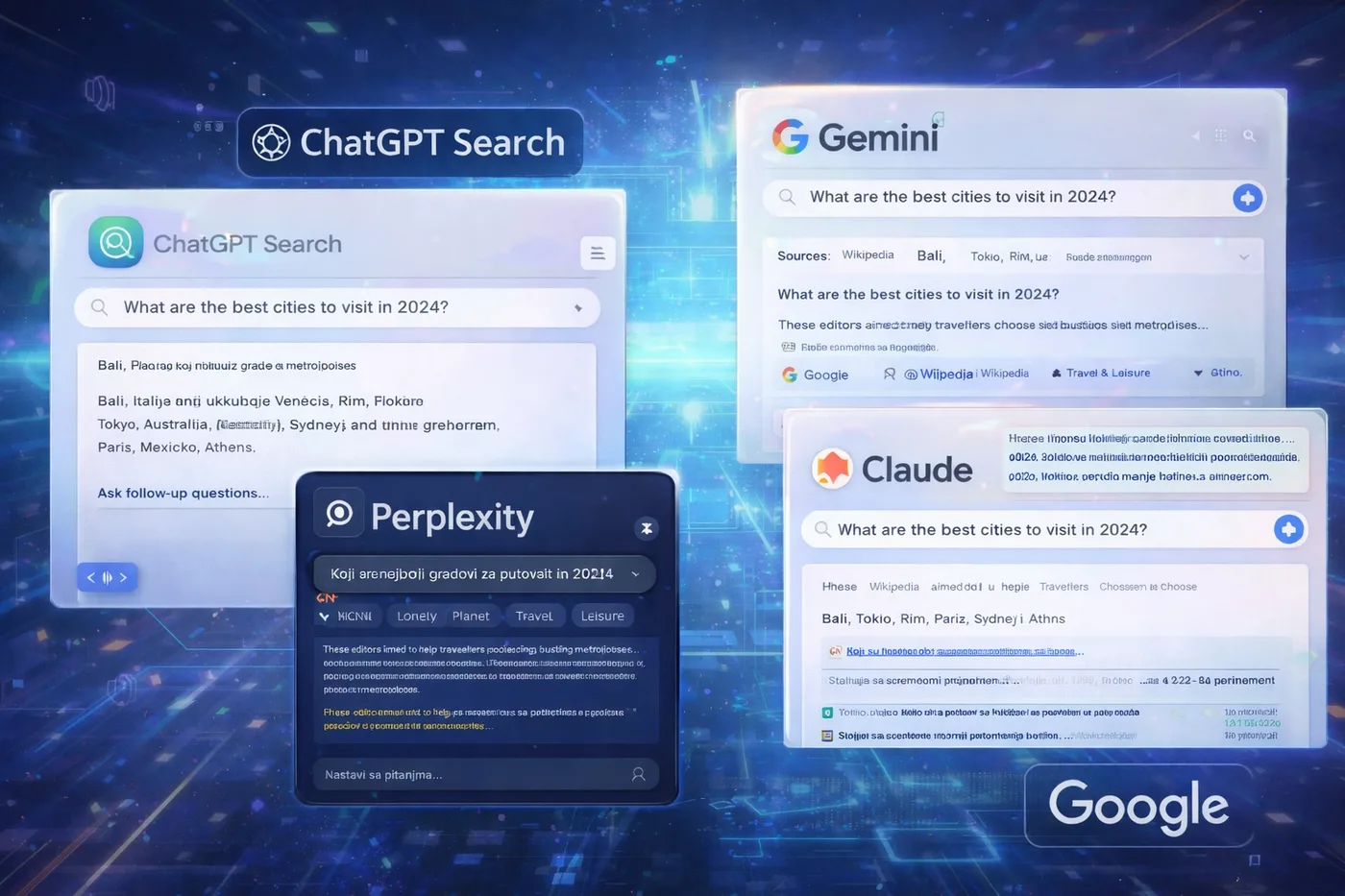 Modern AI search interfaces showing chat-based results and sources