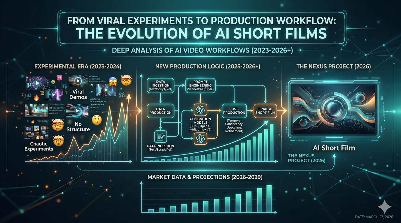 Analytical illustration of AI short films, storyboards, and production pipelines