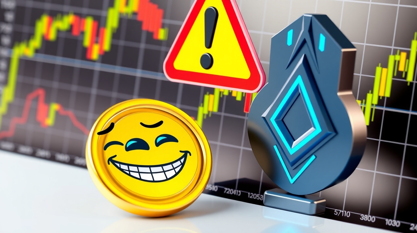 Illustration of the crypto market: a meme coin icon versus a tech-style altcoin symbol, a chart, and a risk warning