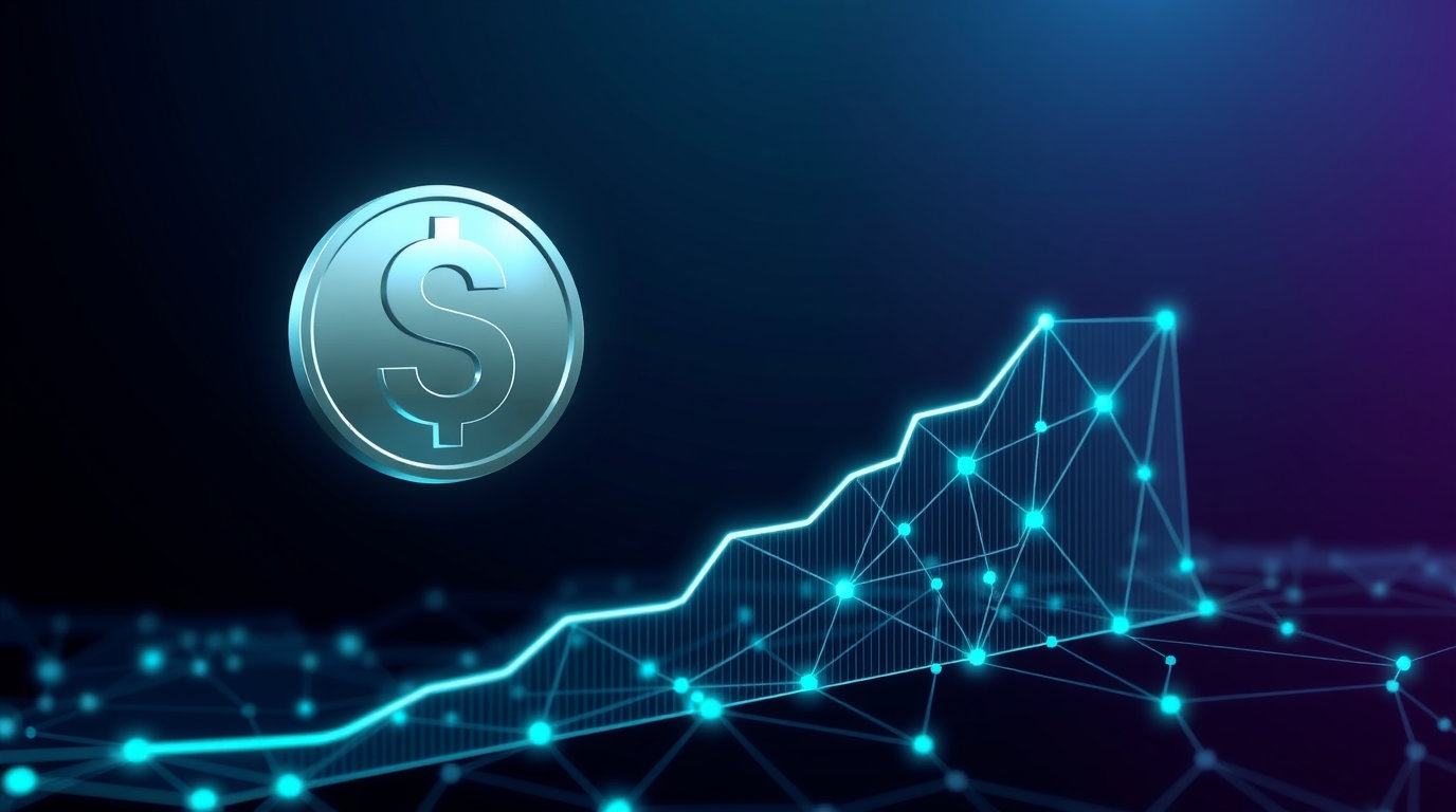 Illustration of a digital dollar (stablecoin) with a stability chart and crypto network on a dark background