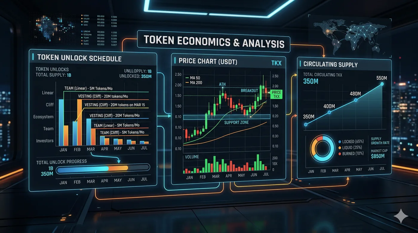 Display of a token unlock schedule alongside supply and price charts