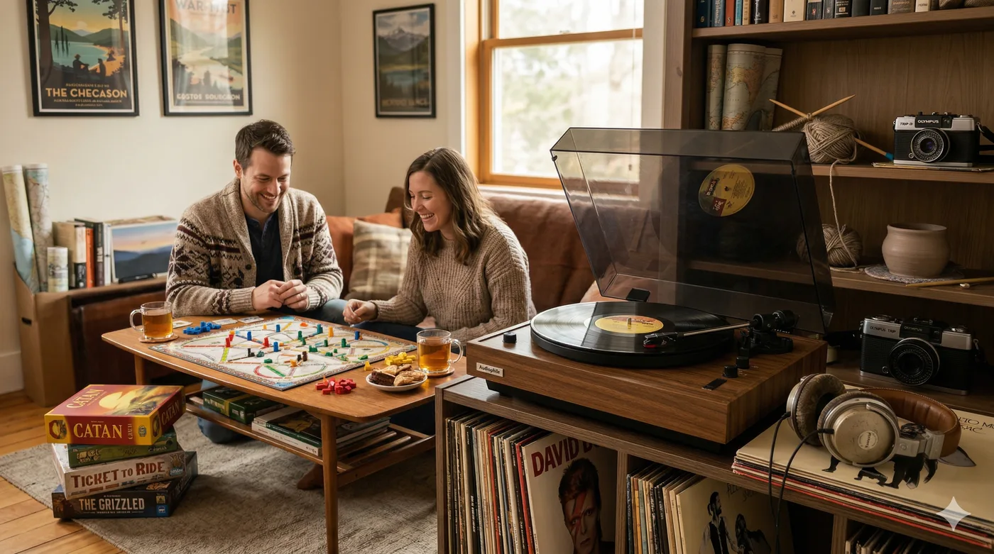 Display of analog entertainment through a turntable, board games, books, and creative hobbies