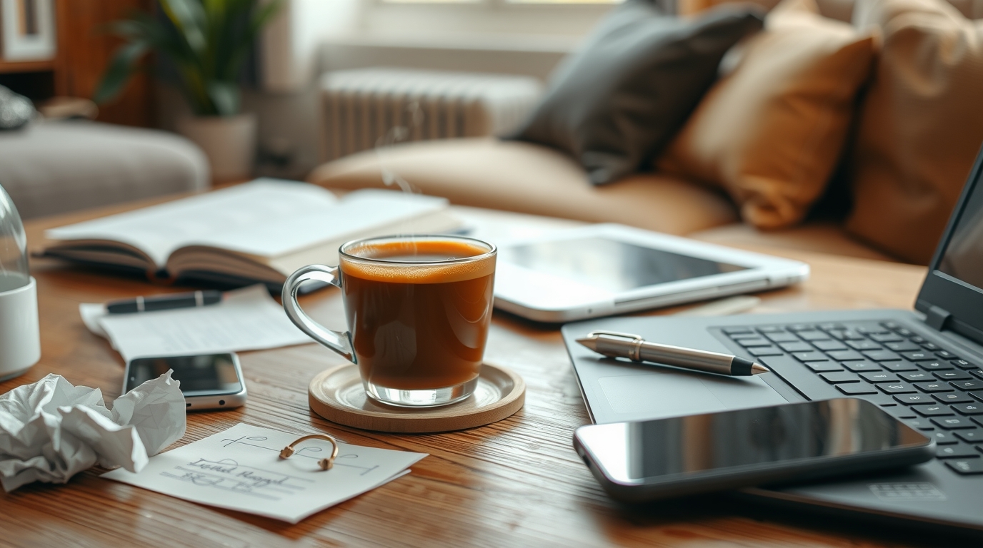 A cup of coffee, smartphone and laptop on a desk – symbols of modern habits