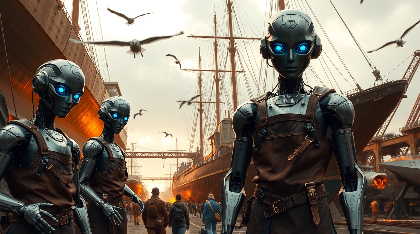 Humanoid robot inspecting a ship hull in a shipyard