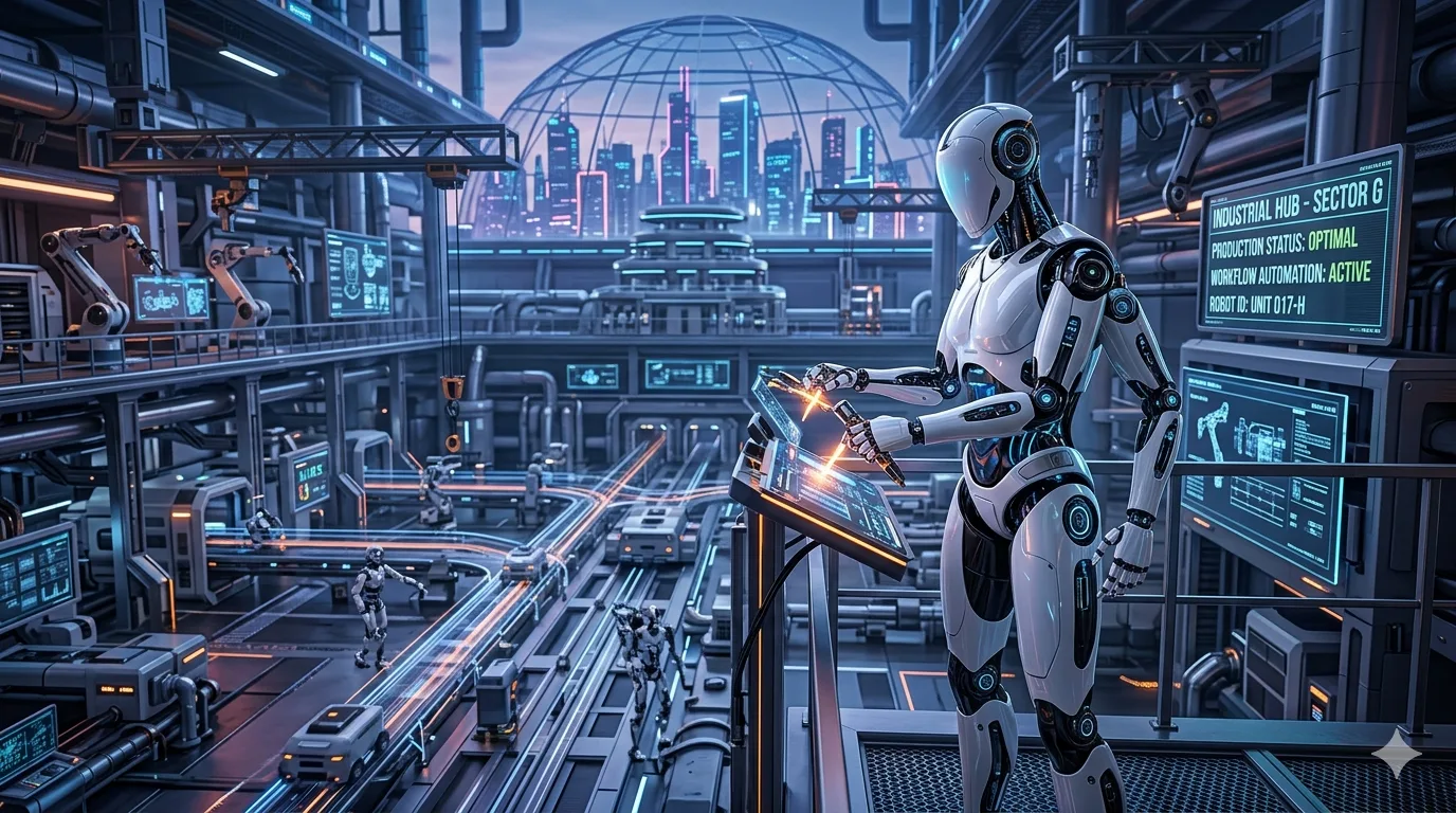 Humanoid robot in a modern work environment with industrial and AI elements