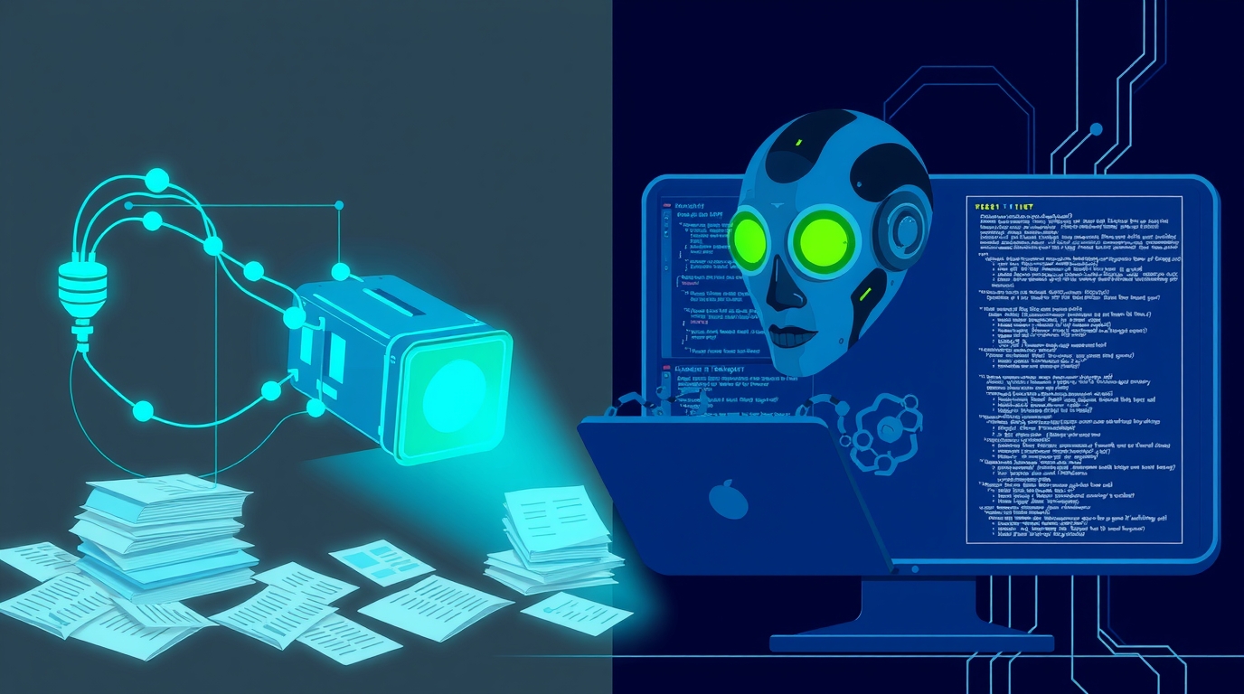 Illustration of an AI model searching a document database (RAG) versus training a model (fine-tuning) on a dark background