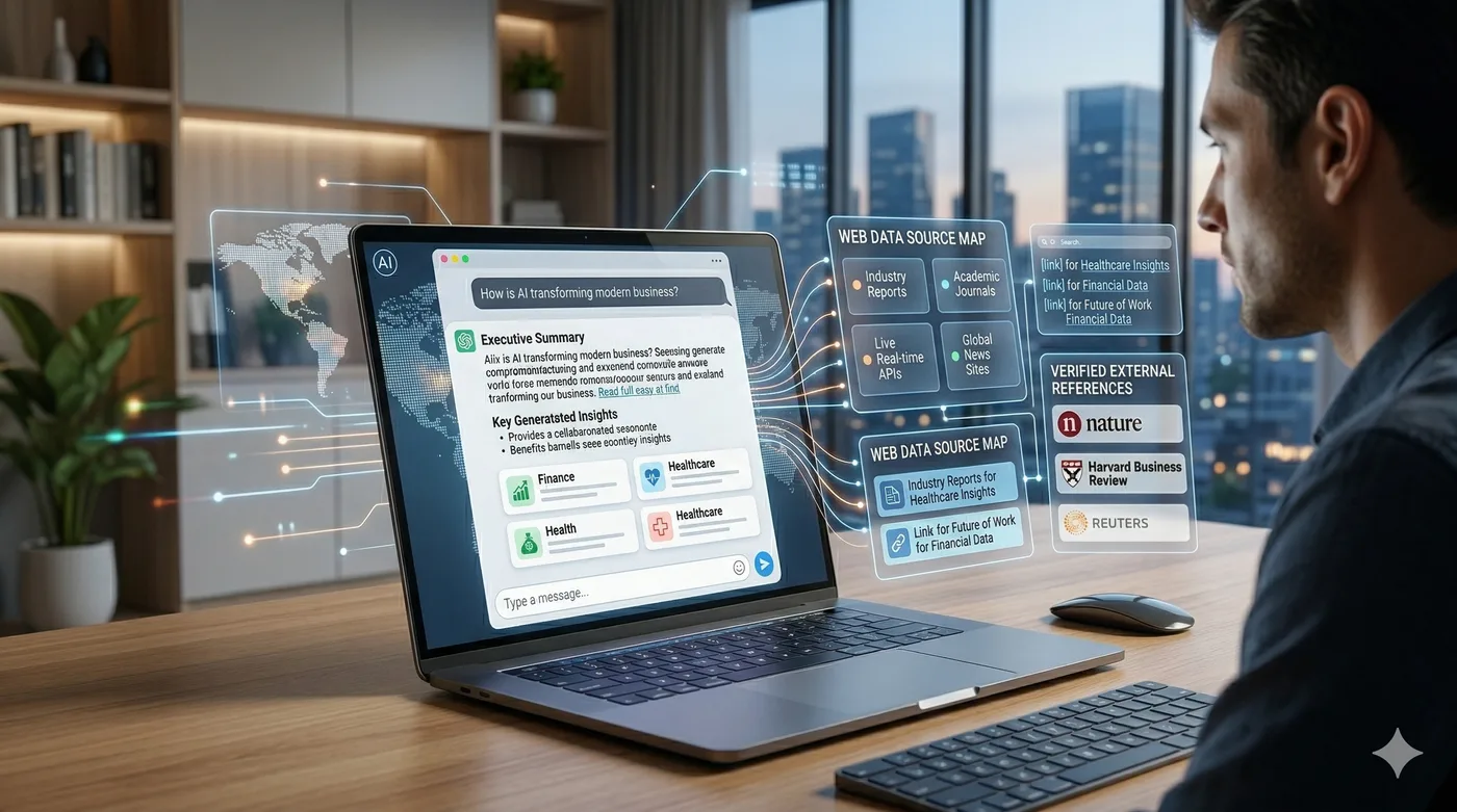 AI search interfaces showing chat-based results and web sources