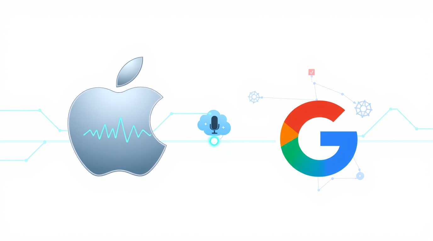 Illustration of Apple and Google collaborating in AI: connected brand symbols with a voice assistant and cloud infrastructure motif