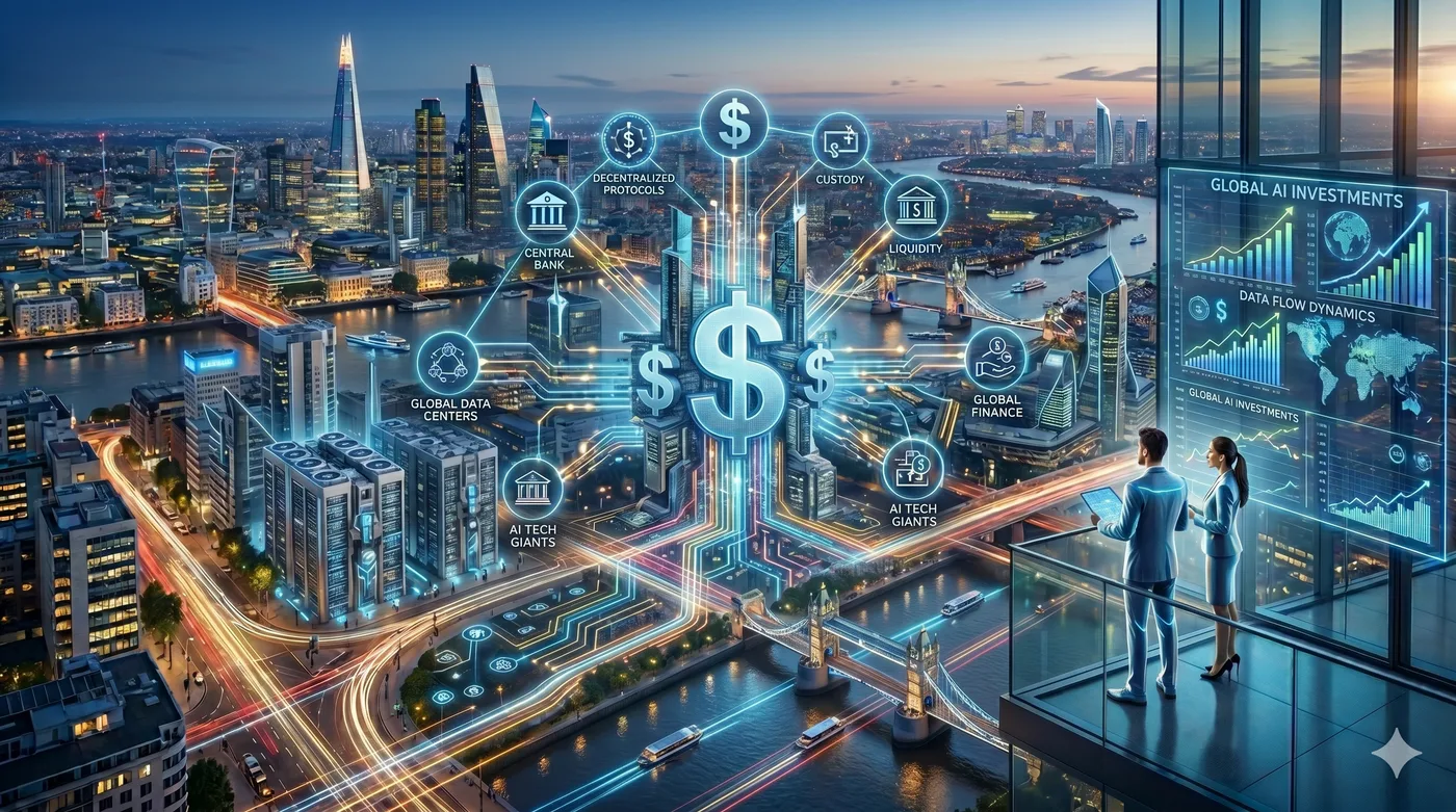 Visual representation of AI infrastructure, data centers, and the financial pressure facing major technology companies