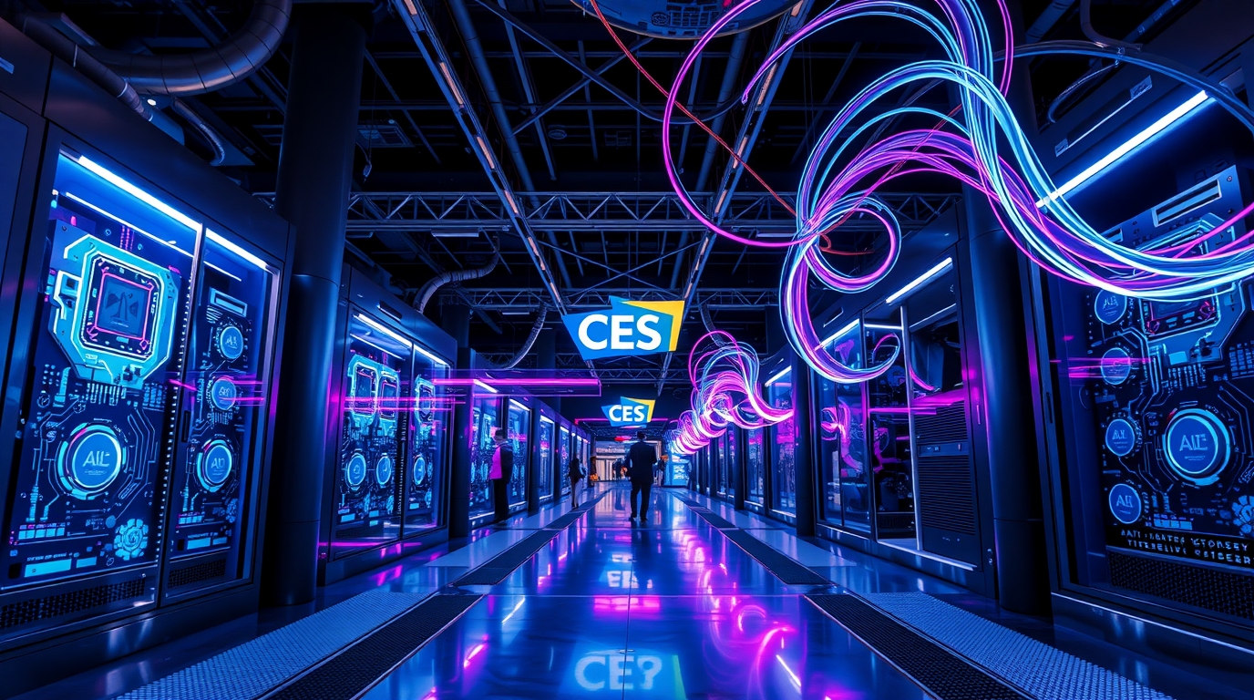 Futuristic depiction of AI chips and data-center infrastructure at a technology expo