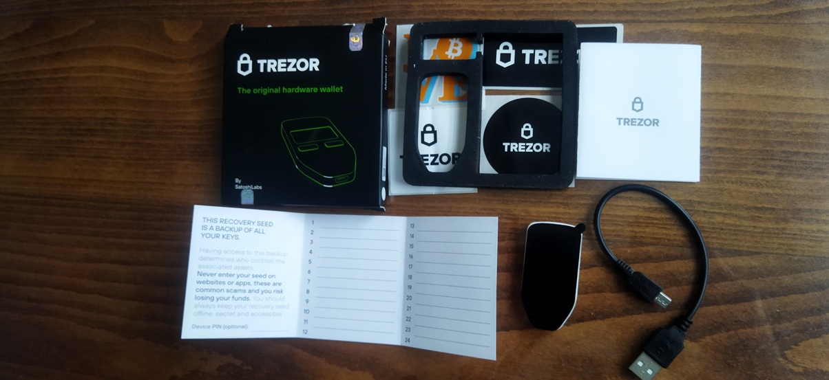Trezor One box and package contents