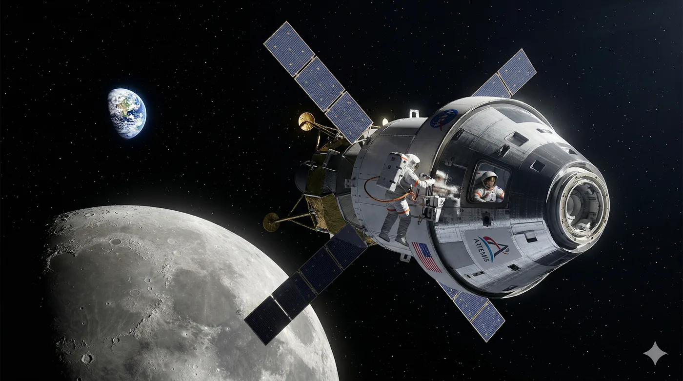 Modern depiction of humans returning to the Moon with a capsule, crew, and lunar horizon
