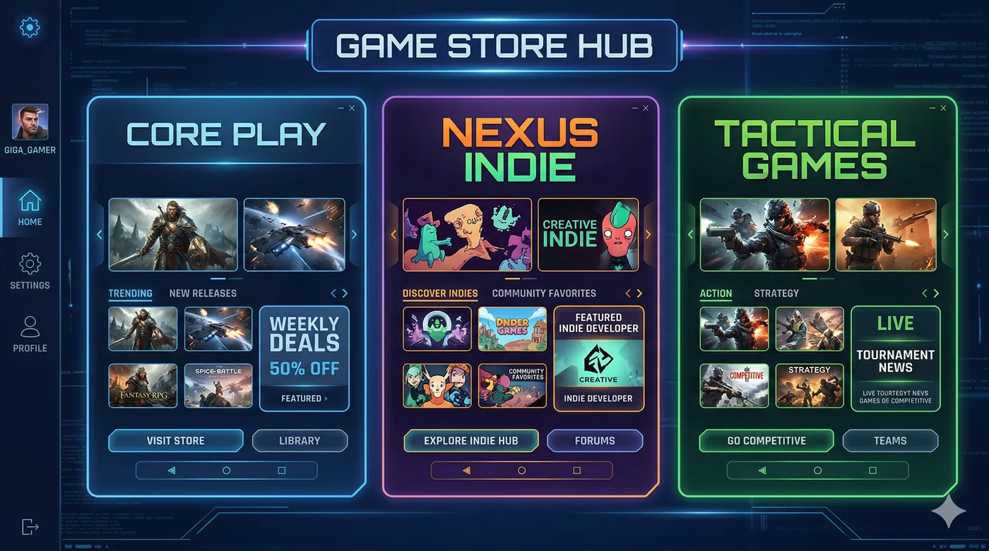 Comparison of three digital PC game stores through a modern interface