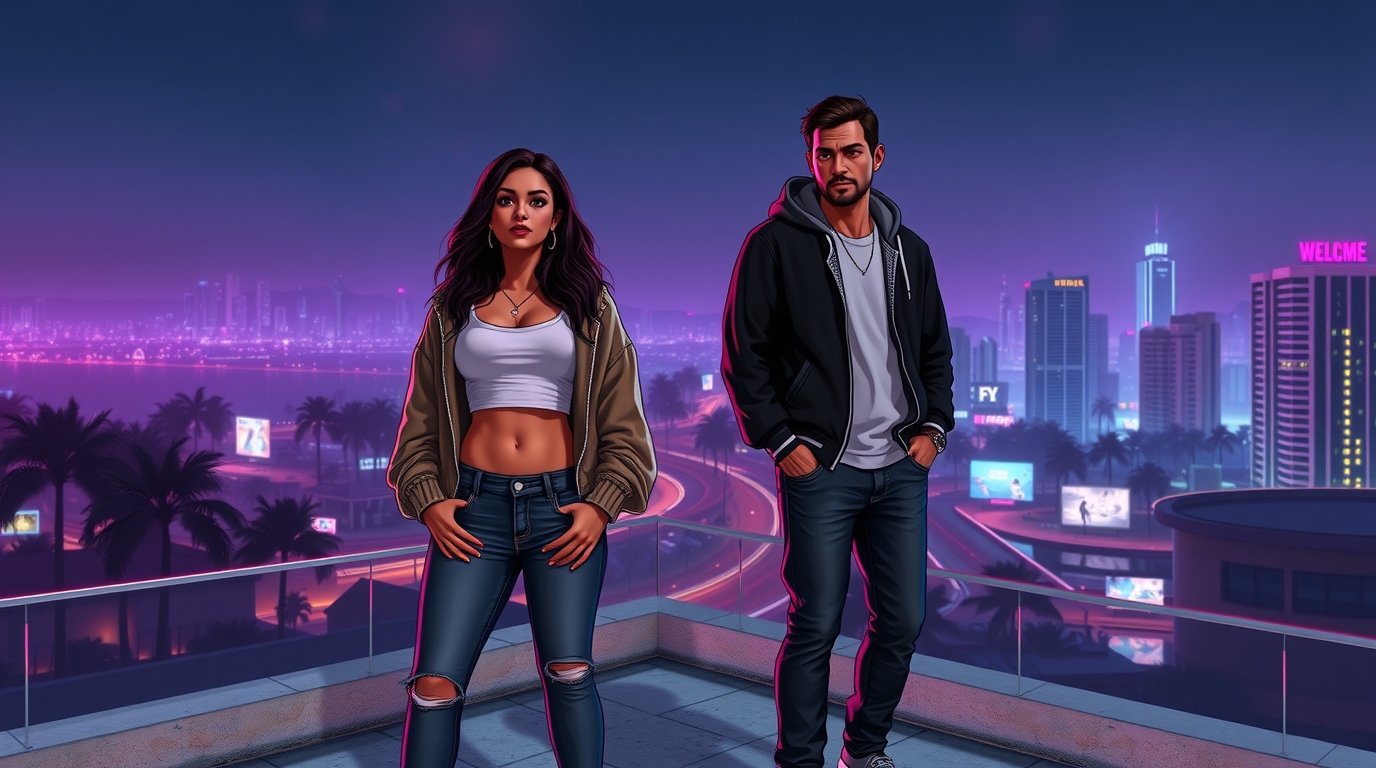 Two protagonists on a rooftop above a neon city